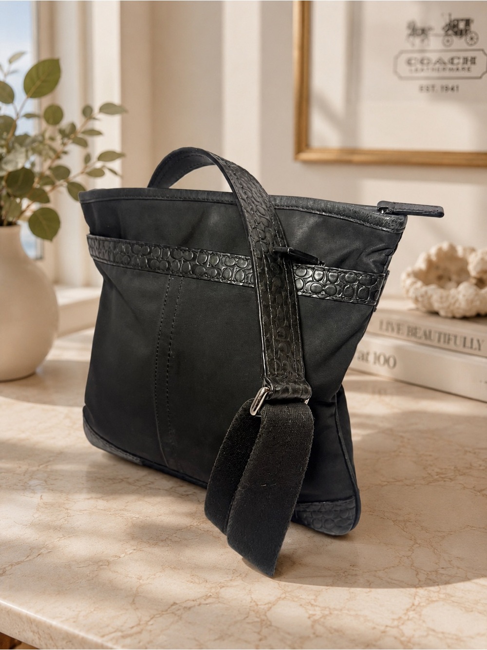 Coach F70325 Black Nylon & Leather Signature Trim Crossbody Shoulder Bag